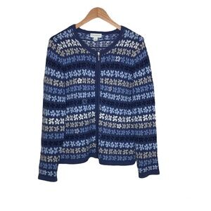 Appleseeds Womens Cardigan Sweater Size S Zip Front Blue Fair‎ Isle Nordic Print